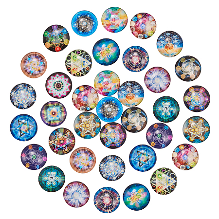 SUNNYCLUE Glass Cabochons, Flat Round, Kaleidoscope Pattern, Mixed Color, 25x6mm; 20colors, 2pcs/color, 40pcs/set