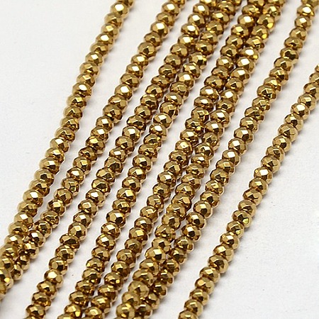 Arricraft Electroplate Non-magnetic Synthetic Hematite Beads Strands, Faceted, Rondelle, Grade A, Golden Plated, 3x2mm, Hole: 1mm, about 200pcs/strand, 16 inches