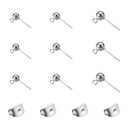 Unicraftale 304 Stainless Steel Ball Post Ear Studs, Stud Earring Findings, with Loop and Ear Nuts, Stainless Steel Color, 120pcs/box