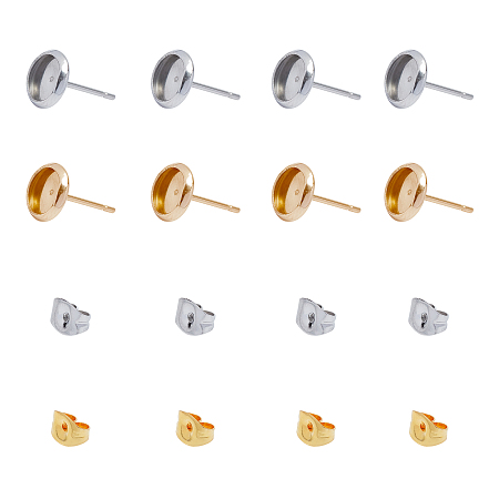 UNICRAFTALE 304 Stainless Steel Stud Earring Findings, Flat Round & Ear Nuts, Earring Backs, Golden & Stainless Steel Color, 80pcs/box