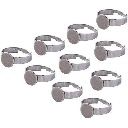 Adjustable 304 Stainless Steel Finger Rings Components, Pad Ring Base Findings, Flat Round, Stainless Steel Color, Tray: 10mm; Size 7, 17mm;  10pcs/box