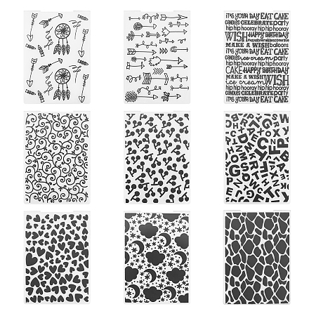 Globleland Plastic Embossing Folders, Concave-Convex Embossing Stencils, for Handcraft Photo Album Decoration, Mixed Patterns, 148x105x3mm, 9 patterns, 1pc/pattern, 9pcs/set