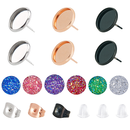 Unicraftale DIY Earring Making Kits, with 304 Stainless Steel Stud Earring Findings, Imitation Druzy Agate Resin Cabochons, Flat Round, Mixed Color, 220pcs/box