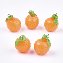 Honeyhandy Resin Pendants, with Platinum Tone Iron Findings, Imitation Food, Orange, Coral, 24~25x21x19.5~20mm, Hole: 2mm