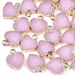 Honeyhandy Electroplate Druzy Resin Pendants, with Iron Findings, Heart, Light Gold, Pearl Pink, 15x12x3.5~4mm, Hole: 1mm