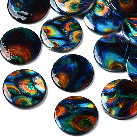 Honeyhandy Printed Natural Freshwater Shell Beads, Flat Round, Colorful, 20x3~4mm, Hole: 0.8mm