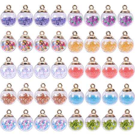 SUNNYCLUE Glass Ball Pendants, with Polymer Clay and CCB Plastic Findings, Round, Golden, Mixed Color, 21x15.5~16mm, Hole: 2mm, 40pcs/box
