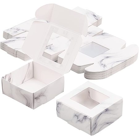 Foldable Creative Kraft Paper Box, Wedding Favour Boxes, Paper Gift Box, with Plastic Clear Window, Square, Light Grey, 6.5x6.5x3cm