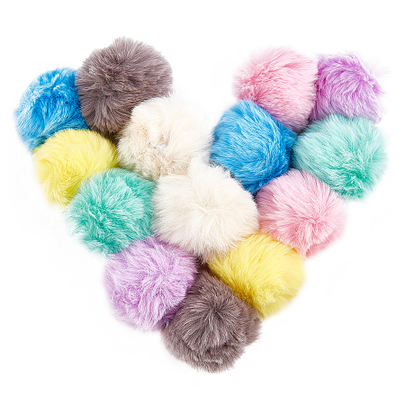 Handmade Faux Rabbit Fur Pom Pom Ball Covered Pendants, Fuzzy Bunny Hair Balls, with Elastic Fiber, Mixed Color, 55~74mm, Hole: 5mm; 7 colors, 2pcs/color, 14pcs/set