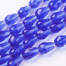 Honeyhandy Glass Beads Strands, Faceted, Drop, Blue, 11x8mm, Hole: 1mm, about 57~59pcs/strand, 26.38~26.77 inch