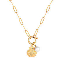 Honeyhandy Stainless Steel Shell & Imitation Pearl Pendant Necklaces, with Paperclip Chains, Golden, Pendant: 20.5x16mm