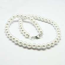 Honeyhandy Fashion Glass Pearl Beaded Necklaces, with Brass Lobster Claw Clasps, White, 17.3 inch