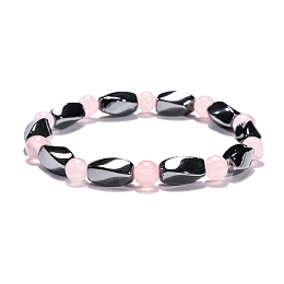 Honeyhandy Round Natural Rose Quartz Stretch Bracelets, with Non-Magnetic Synthetic Hematite Beads and Elastic Cord, 50mm