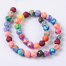 Honeyhandy Handmade Polymer Clay Beads, Round with Floral Pattern, Mixed Color, 10mm