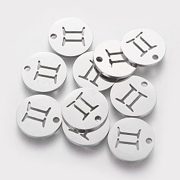 Honeyhandy 304 Stainless Steel Charms, Flat Round with Constellation/Zodiac Sign, Gemini, 12x1mm, Hole: 1.5mm