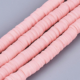 Honeyhandy Flat Round Handmade Polymer Clay Bead Spacers, Pink, 3x1mm, Hole: 1mm, about 380~400pcs/strand, 17.7 inch