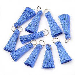 Nylon Thread Tassel Pendants Decoration, with Brass Findings, Golden, Cornflower Blue, 35x7mm, Hole: 7mm