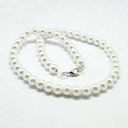 Honeyhandy Fashion Glass Pearl Beaded Necklaces, with Brass Lobster Claw Clasps, White, 17.3 inch