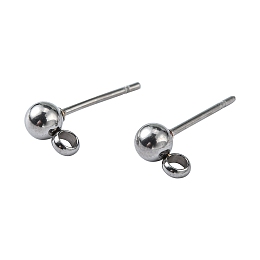 Honeyhandy 304 Stainless Steel Stud Earring Findings, Ball Post Earring Studs, with Loop, Stainless Steel Color, 15x7x4mm, Hole: 1.7~2mm, Pin: 0.8mm