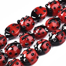 Honeyhandy Handmade Lampwork Beads Strands, Ladybug, Red, 10.5~14x9~11x5~8mm, Hole: 1~2mm, about 20pcs/Strand, 8.86 inch~9.06 inch(22.5~23cm)