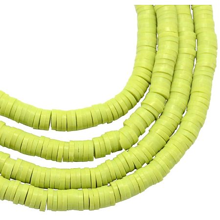 NBEADS 10 Strands Handmade Flat Round Polymer Clay Bead Spacer Beads for DIY Jewelry Making, 3x1mm, Hole: 1mm, About 380pcs/strand, GreenYellow