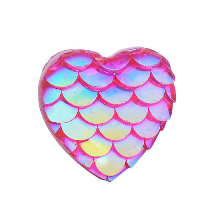 Honeyhandy Resin Cabochons, Heart with Mermaid Fish Scale, Magenta, 12x12x3mm