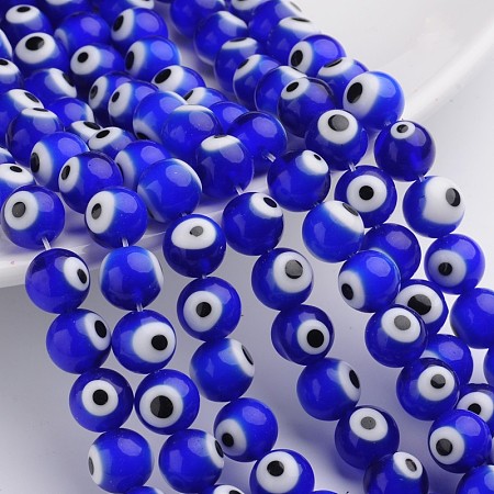 Honeyhandy Handmade Lampwork Beads, Evil Eye, Round, Blue, 10mm, Hole: 1.5mm, about 38pcs/strand