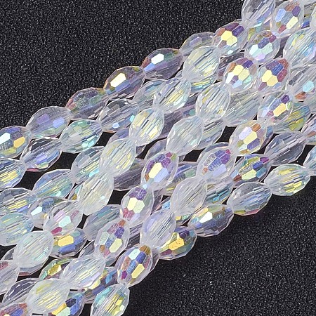 Arricraft Electroplate Glass Beads, AB Color Plated, Faceted Oval, White, bead: 6mm long, 4mm thick, hole: 1mm, about 72pcs/strand