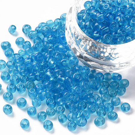 Honeyhandy Glass Seed Beads, Transparent, Round, Sky Blue, 6/0, 4mm, Hole: 1.5mm, about 4500 beads/pound