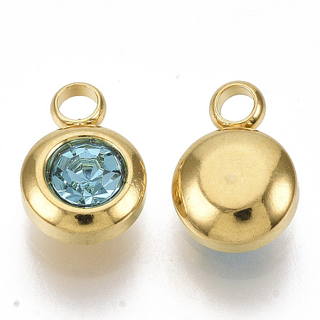 Honeyhandy Rhinestone Charms, March Birthstone Charms, with 201 Stainless Steel, Flat Round, Golden, Aquamarine, 9x6.5x4mm, Hole: 1.8mm