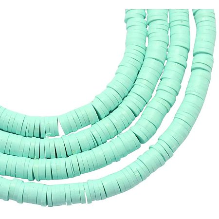 NBEADS 380 Pieces Handmade Polymer Clay Beads Strand, 3mm Flat Round Spacer Beads for DIY Jewelry Making, Aquamarine, Hole: 1mm