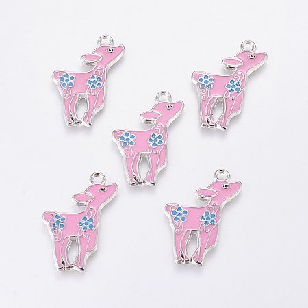 Hot Pink Alloy Enamel Sika Deer Pendants, Platinum Metal Color, Lead Free and Cadmium Free, 33x19x2mm