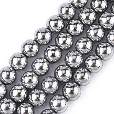 Honeyhandy 1Strand Grade A Non-Magnetic Synthetic Hematite Beads Strands, Platinum Plated, Round, 10mm, Hole: 1.5mm