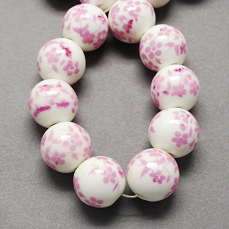 Honeyhandy Handmade Printed Porcelain Beads, Round, Pearl Pink, 6mm, Hole: 2mm