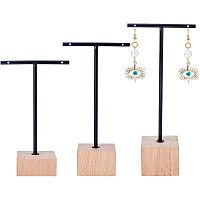 FINGERINSPIRE Black Metal 3 Pcs T Bar Earring Display Stand with Wooden Base Jewelry Holders Hanging Jewelry Organizer for Store Retail Photography Props【Black- Square Base, 5.7&4.9&3.9 Inch Height】