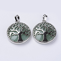 Honeyhandy Natural Green Aventurine Pendants, with Platinum Plated Brass Findings, Flat Round with Tree of Life, 31x27x8mm, Hole: 3.5x7mm