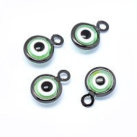 Handmade Evil Eye Lampwork Charms, with Brass Findings, Flat Round, Light Green, Gunmetal, 10x6.5x3mm, Hole: 1.5mm