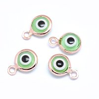 Handmade Evil Eye Lampwork Charms, with Brass Findings, Flat Round, Light Green, Real Rose Gold Plated, 10x6.5x3mm, Hole: 1.5mm