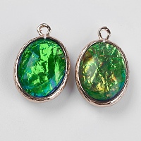 Resin Pendants, with Brass Findings, Oval, Light Gold, Dark Green, 23.5~24x15x7~7.5mm, Hole: 1~2mm