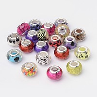 Honeyhandy Large Hole Rondelle Acrylic European Beads, with Silver Color Plated Brass Double Cores, Mixed Color, 14mm, Hole: 5mm