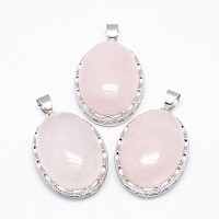 NBEADS Natural Rose Quartz Pendants, with Brass Findings, Oval, Platinum, 30x21x10~11mm, Hole: 6x4mm