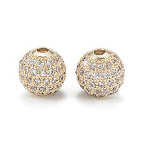 Brass Micro Pave Clear Cubic Zirconia Beads, Long-Lasting Plated, Round, Real 14K Gold Plated, 10mm, Hole: 2mm