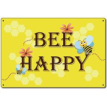 CREATCABIN Bee Happy Metal Tin Signs Vintage Iron Painting Retro Plaque Poster for Home Kitchen Wall Bar Coffee Shop Decoration, 12 x 8 Inch