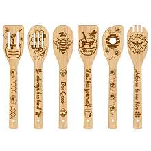 GLOBLELAND 6Pcs Bamboo Spoons & Knifes & Forks, Flatware for Dessert, Bees Pattern, 60x300mm, 6 style, 1pc/style, 6pcs/set