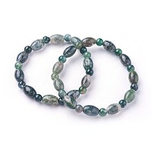 Honeyhandy Natural Moss Agate Beads Stretch Bracelets, Rice with Round, 2-1/4 inch(5.7cm)