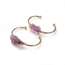 Honeyhandy Long-Lasting Plated Brass Cuff Bangles, with Natural Amethyst, Nuggets, Golden, 1-3/8 inchx2-3/8 inch(3.8x6cm), 2.8mm