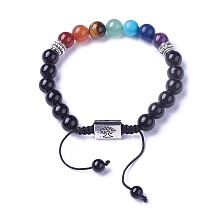 Honeyhandy Chakra Jewelry, Natural & Synthetic Mixed Stone Braided Bead Bracelets, with Natural Obsidian, Alloy Findings and Nylon Cord, Rectangle with Tree, 52~76mm