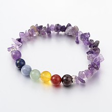 Honeyhandy Chips and Round Chakra Natural Gemstone Beaded Stretch Bracelets, Amethyst, 50~53mm