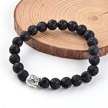 Honeyhandy Buddha Head Natural Lava Rock Beaded Stretch Bracelets, with Tibetan Style Alloy Beads, 55mm