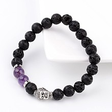 Honeyhandy Natural Lava Rock Bead Stretch Bracelets, with Natural Amethyst Beads and Alloy 3D Buddha Head Beads, Antique Silver, 55mm